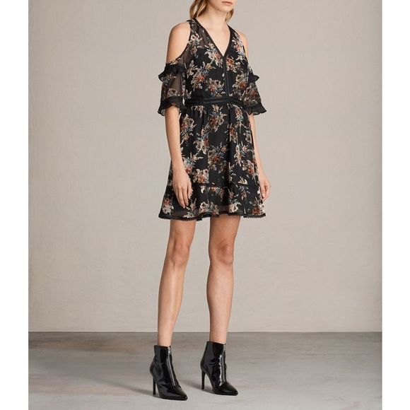 All Saints Black Floral Mini Dress - Picture 1 of 12
